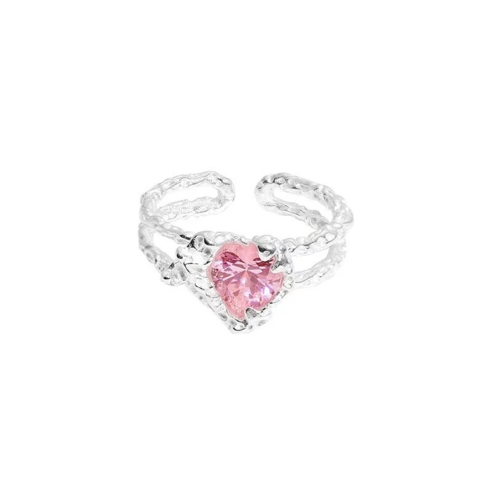 NWT Pink Heart CZ Silver Tone Adjustable Open Ring